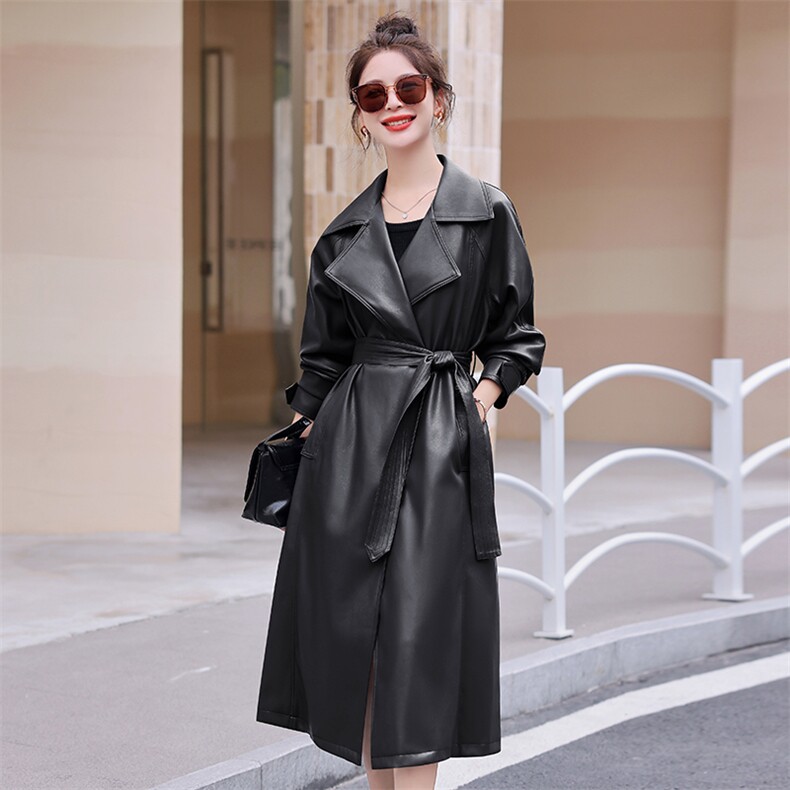 高端时尚过膝长款皮衣外套女2024春秋季新款洋气宽松显瘦大衣风衣,女装风衣,曼琳思菲