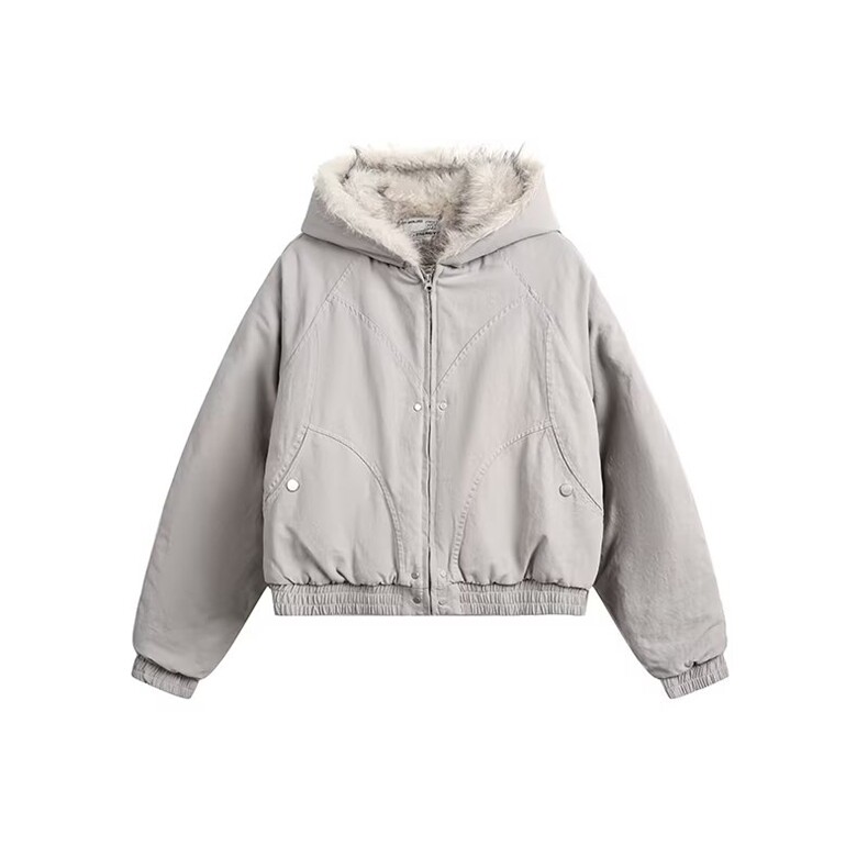 大毛领毛绒连帽棉服冬宽松休闲保暖百搭棉衣舒适外套LF1002 P125图片