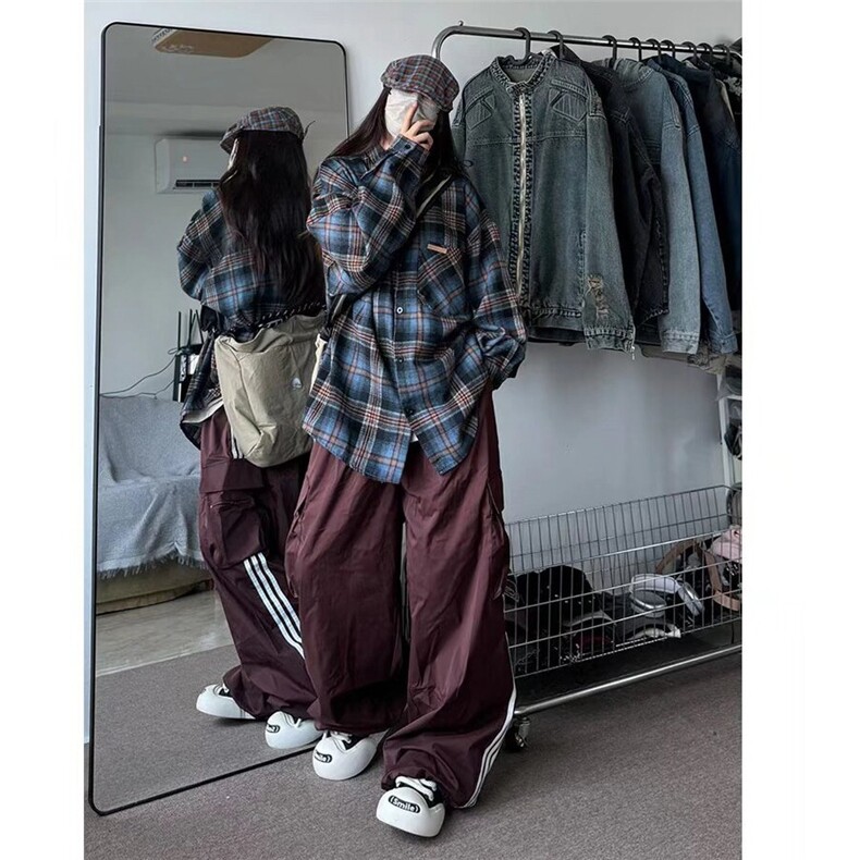 蓝色格子衬衫男女痞帅春秋季美式外套小众情侣长袖衬衣CY1224-P36,男装衬衫,星座412-3