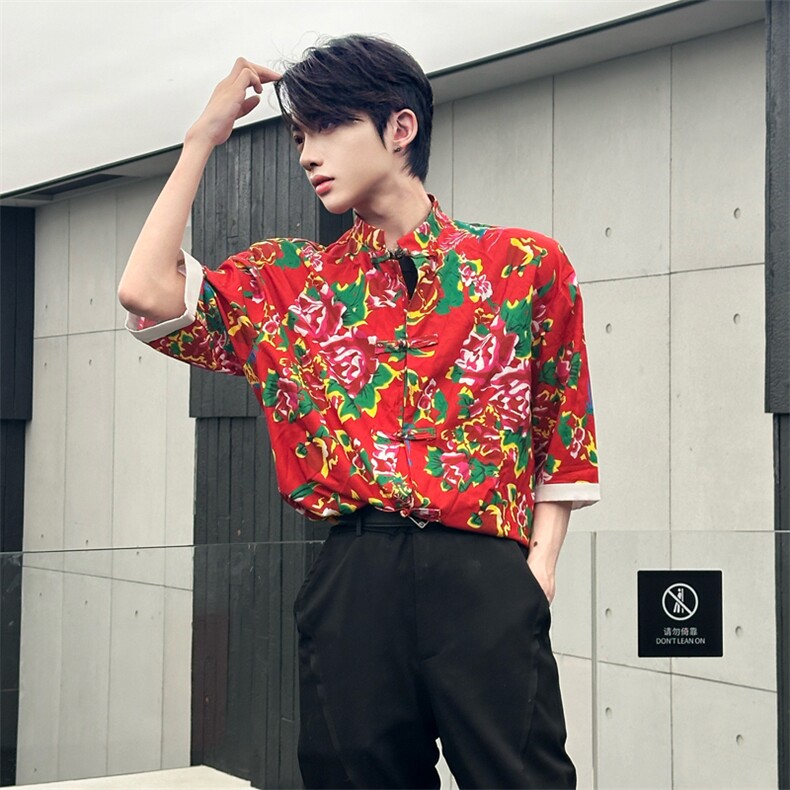 （自家图）风东北花衬衣中式唐装短袖民族风茶禅服2100-P68,男装T恤,星座910-5