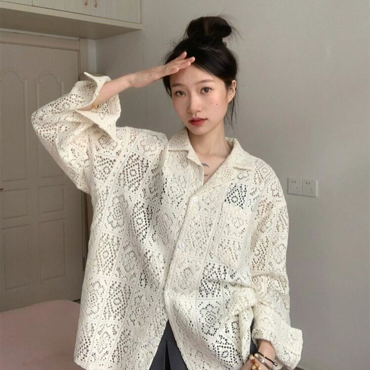 潮流新款复古镂空花衬衫男女款长袖设计感小众日系宽松休闲衬衣潮图片