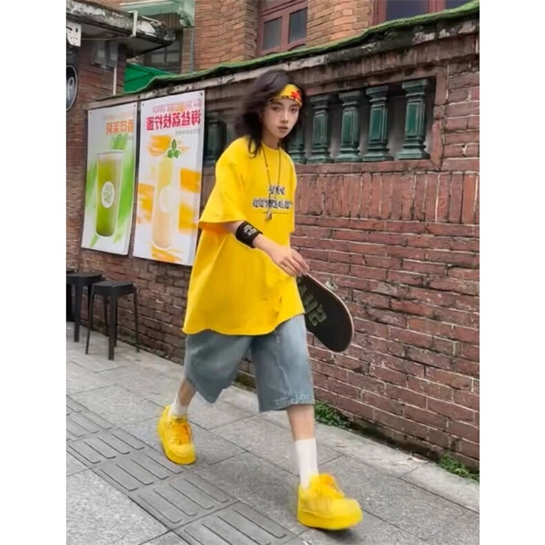 黄色美式正肩t恤重磅纯棉垫肩短袖阔肩半袖T恤T2459-P45,男装T恤,星座1213