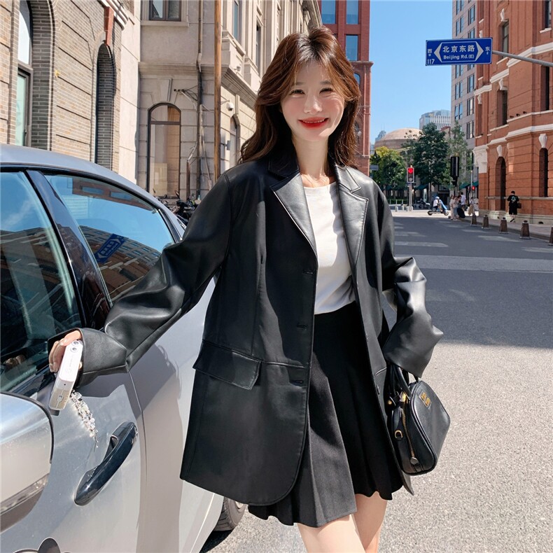 减龄机车服黑色西装皮衣外套女春秋2025新款百搭流行爆款PU皮夹克,女装西装,2C012