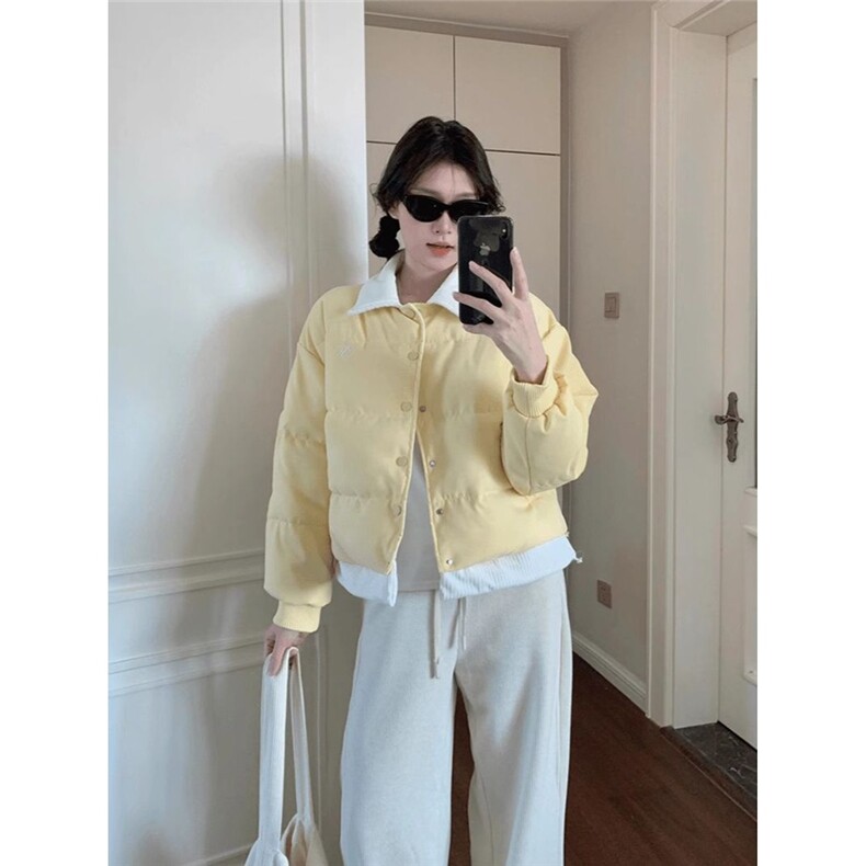 新款韩系温柔奶黄色撞色假两件翻领棉服女2025秋冬宽松面包服棉衣,男装棉衣,星座1210-1