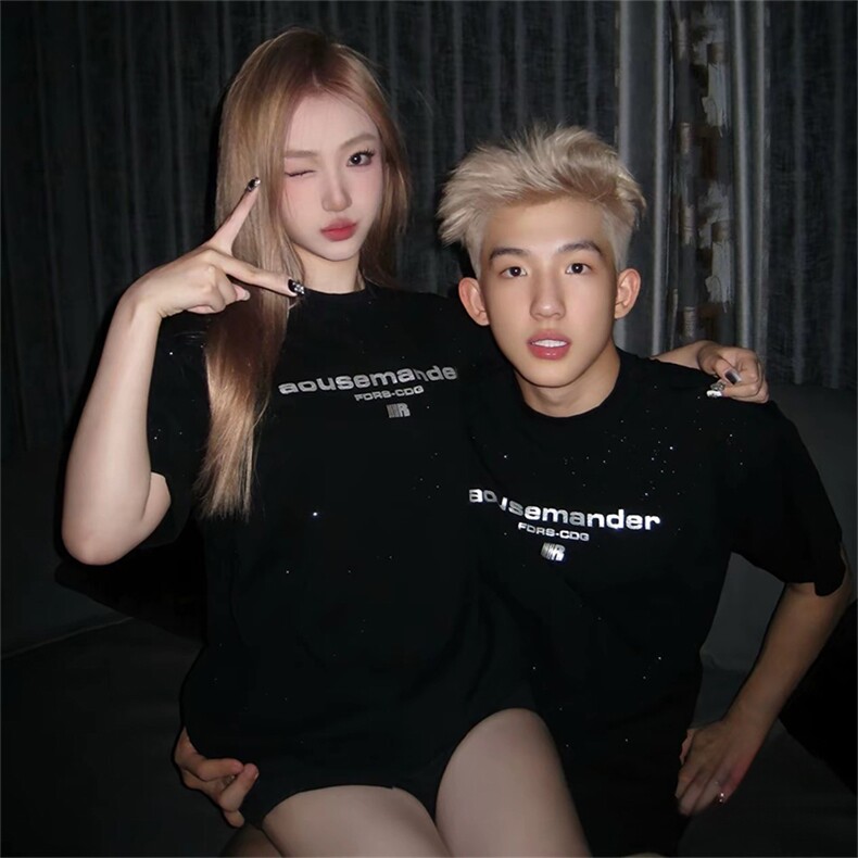 抖音得物供货现货美式潮美式满天星亮片潮牌宽松印花T恤AMTX01,男装T恤,电商A443