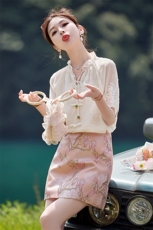 【花叶朝云】2024夏季新款新中式衬衫天丝上衣V领小衫白色女，女装套装/套裙，韩蜜菓