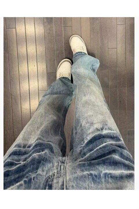 小众设计感蓝色闪电纹牛仔裤男女直筒美式vibe风裤子高街微喇,男装牛仔裤,星座218-1（原230）