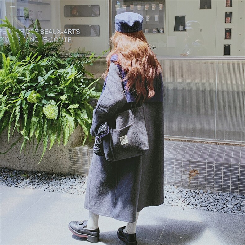 灰色拼色双面羊毛大衣女2025秋冬新款韩版chic学院风长款毛呢外套,女装毛呢外套,2C137