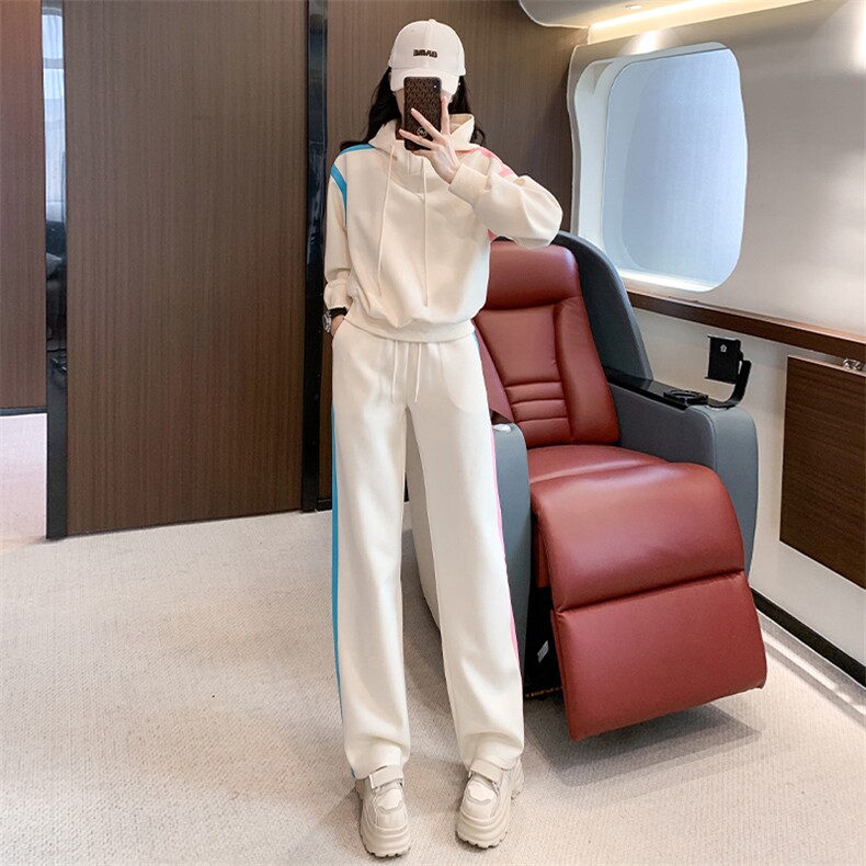 时尚减龄撞色拼接连帽卫衣阔腿裤套装女秋，女装套装/套裙，江南