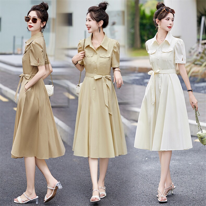 2025年夏季新款时尚气质显瘦衬衫连衣裙女设计感小众收腰显瘦长裙，女装连衣裙，贵人树