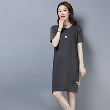 2024年夏季圆领纯色高腰时尚舒适短袖简约百搭个性中长款，女装连衣裙，秋牧寒烟