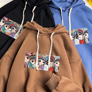 WY2250-P35加绒款-P40京剧脸谱风纯棉连帽卫衣男运动帽衫宽松图片