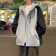 港风新款外景二开宽松夹克男撞色冲锋衣连帽外套MYJ24-7839-P65，男装夹克，星座717