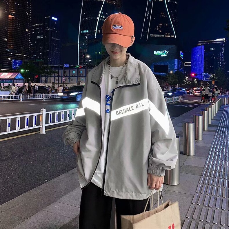 秋季港风韩版潮流反光外套男ins宽松上衣夹克帅气百搭J/,男装夹克,电商D202-1