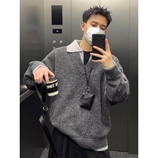 1014-1-KF5012-P68-美式复古假两件v领毛衣男款冬季翻领老钱风，男装针织衫/毛衣，星座1014-1