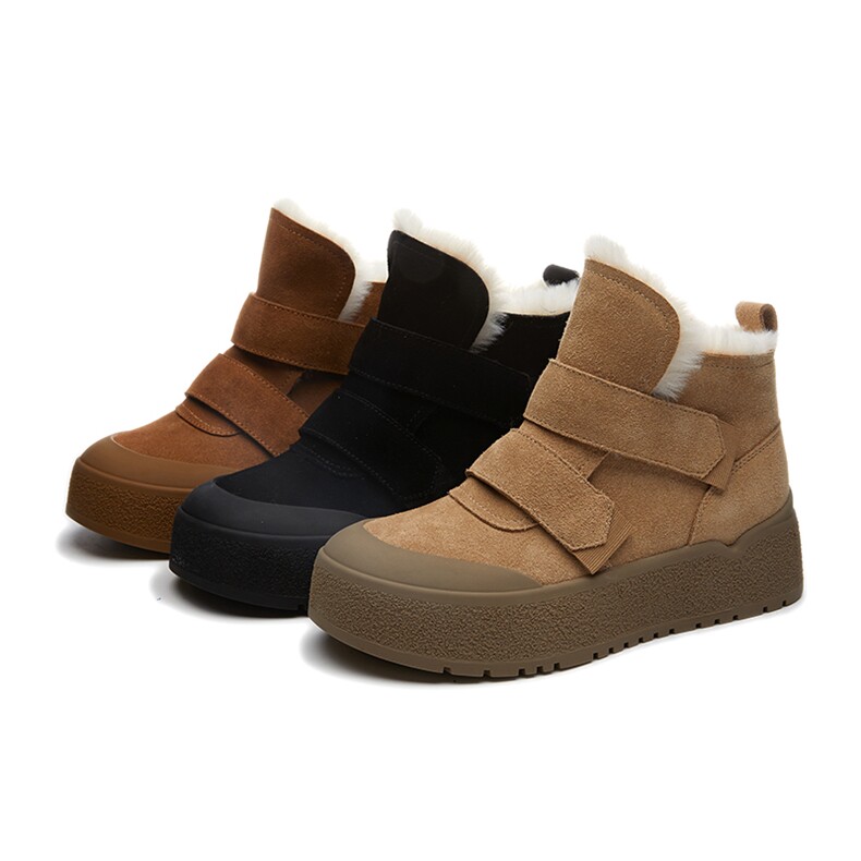 真皮雪地靴女2024冬季新款厚底增高魔术贴棉鞋休闲百搭复古短靴女，女鞋雪地靴，电商A223