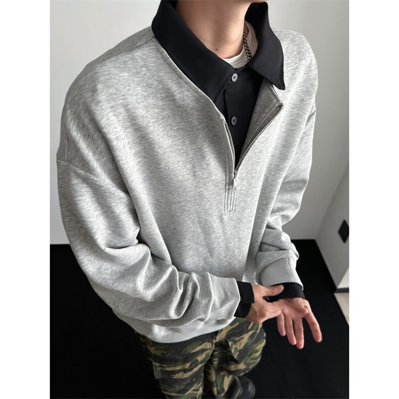WY810-尺码M-3XL-P50-撞色衬衫领假两件cleanfit套头半拉链卫衣图片