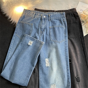 牛仔裤破洞潮ins高街男vintage复古休闲长裤子夏季N05054-P43图片
