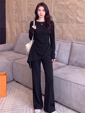 女春秋高级感穿搭一整套时尚气质套装不规则长袖上衣微喇裤两件套，女装套装/套裙，江南