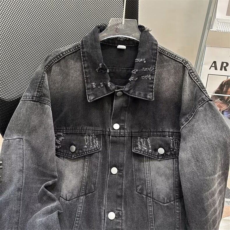 潮ins高街水洗做旧牛仔外套男刮破烂宽松休闲夹克春秋小众设计感,男装夹克,星座410-7