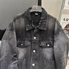 潮ins高街水洗做旧牛仔外套男刮破烂宽松休闲夹克春秋小众设计感，男装夹克，星座410-7