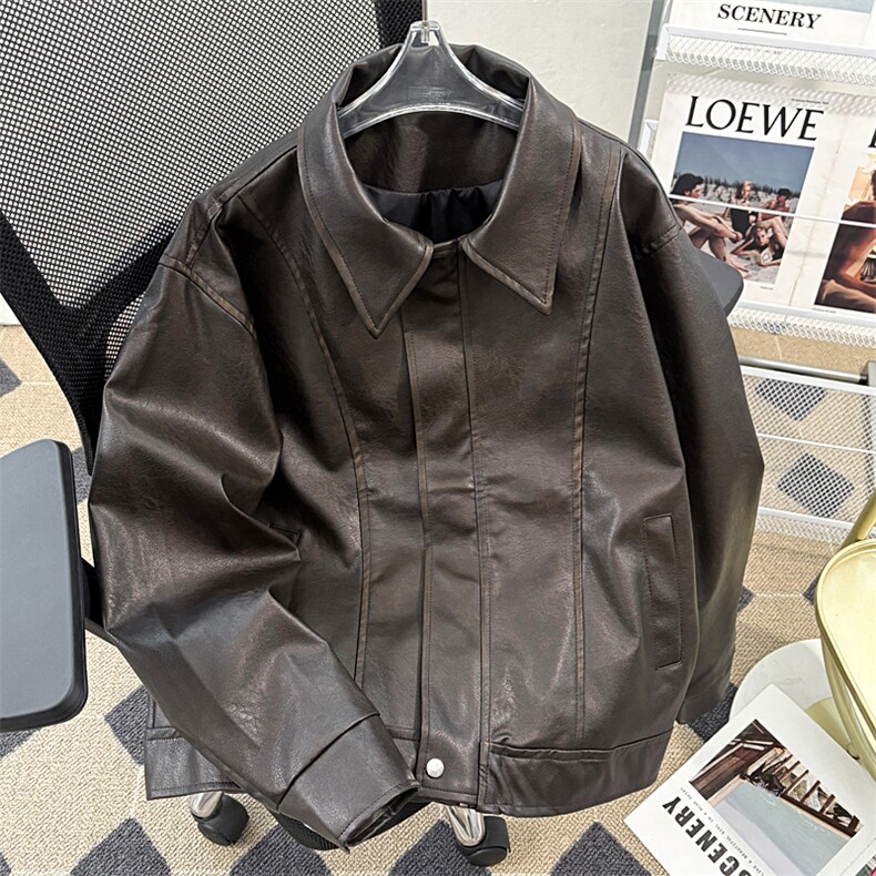 得物品质秋款男皮夹克重工条纹宽松休闲皮外套JAK007P95,男装夹克,星座1013-1