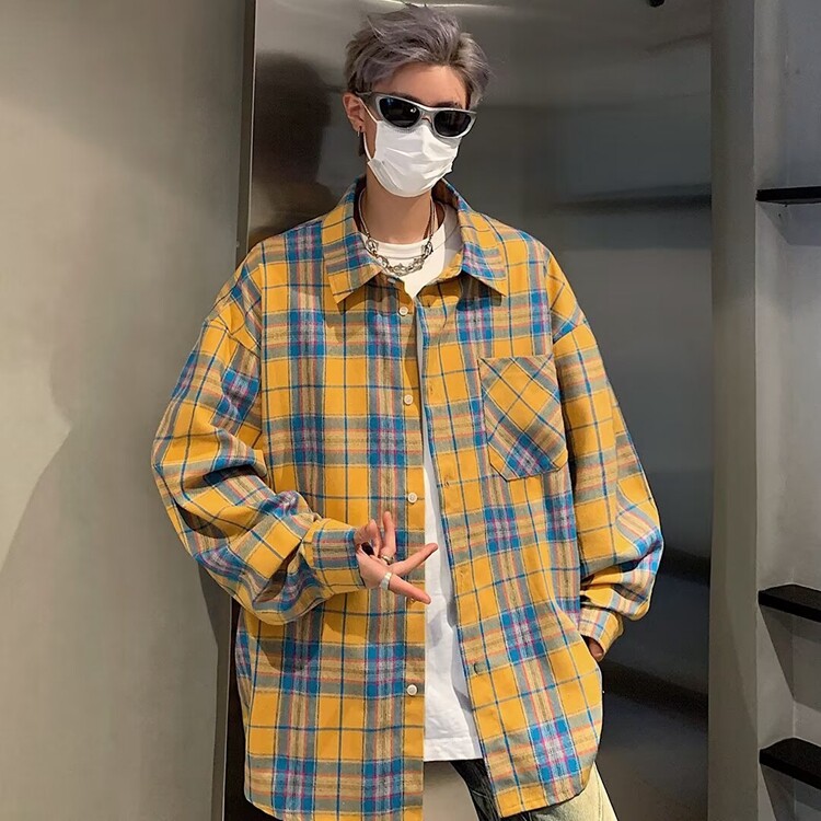 春夏黄格子显白衬衫男款外套男长袖衬衣2025新款女生百搭衣服潮牌,男装衬衫,星座218-8