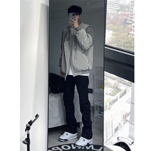 美式vibe风裤子高街纯黑色修身微喇牛仔裤男款显高直筒裤秋季图片