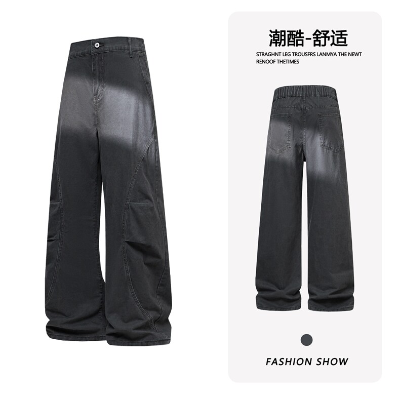 B221 美式ins高街斜切宽松休闲洗褪弯刀牛仔裤 LK26619-特P50控88图片