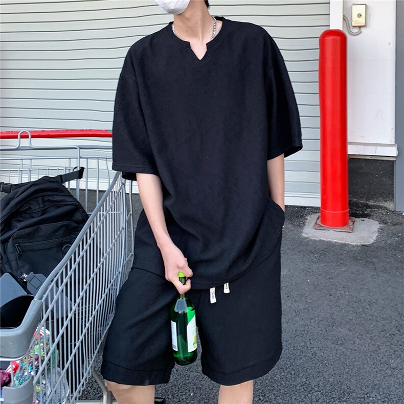 2026夏V领短袖冰丝T恤套装大码男纹理提花半袖TZ5677/特P45黑2,男装休闲套装,电商A094