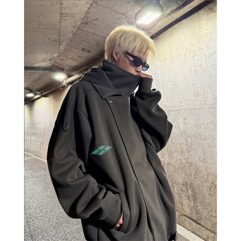 现货25秋冬解构美式不规则立领斜门襟连帽外套卫衣WY52-P98,女装短外套,电商B288