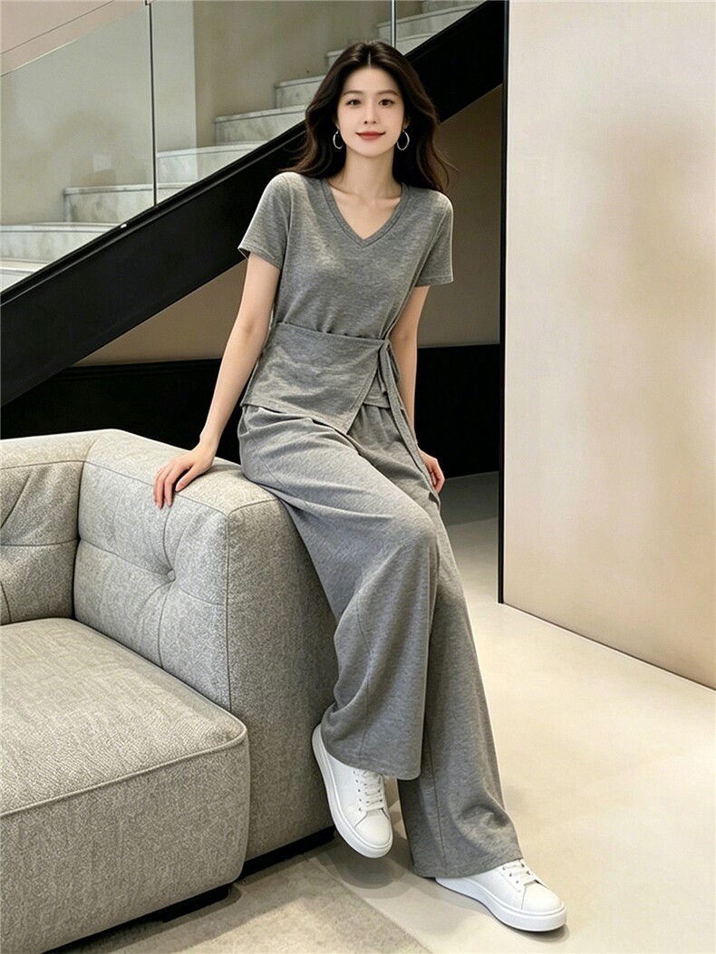 个性简约时尚套装女夏季新款蝴蝶结绑带设计短袖上衣阔腿裤两件套,女装套装/套裙,江南