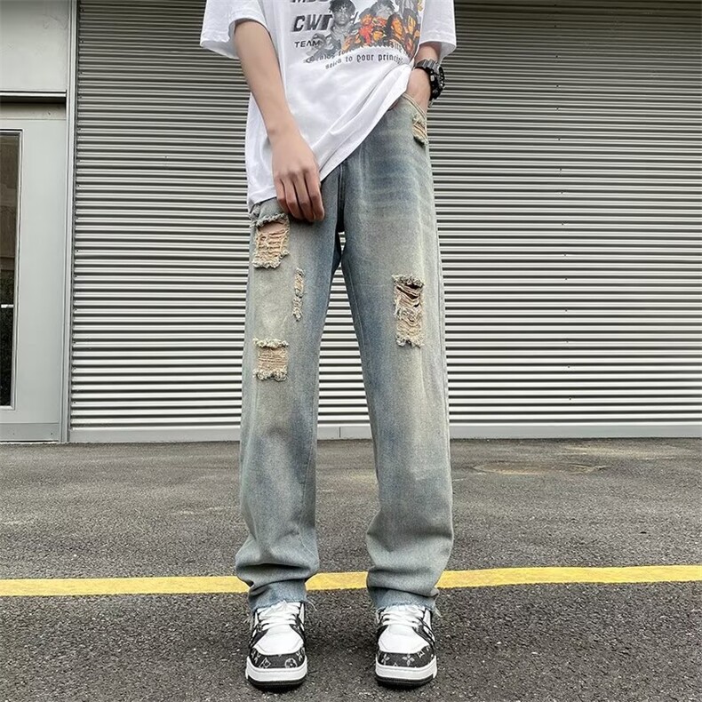 破洞牛仔裤男韩版潮流高街帅气2023春夏季ins宽松直筒裤RK103-P40图片