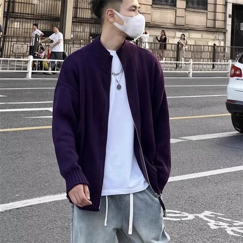 秋冬季高级洋气高克重竖纹下摆线条点缀简约厚实宽松百搭针织开衫，男装针织衫/毛衣，星座1210-1