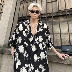 痞帅高级感短袖衬衫男夏季薄款潮牌设计感小众宽松五分袖衬衣P48，男装T恤，电商C307A