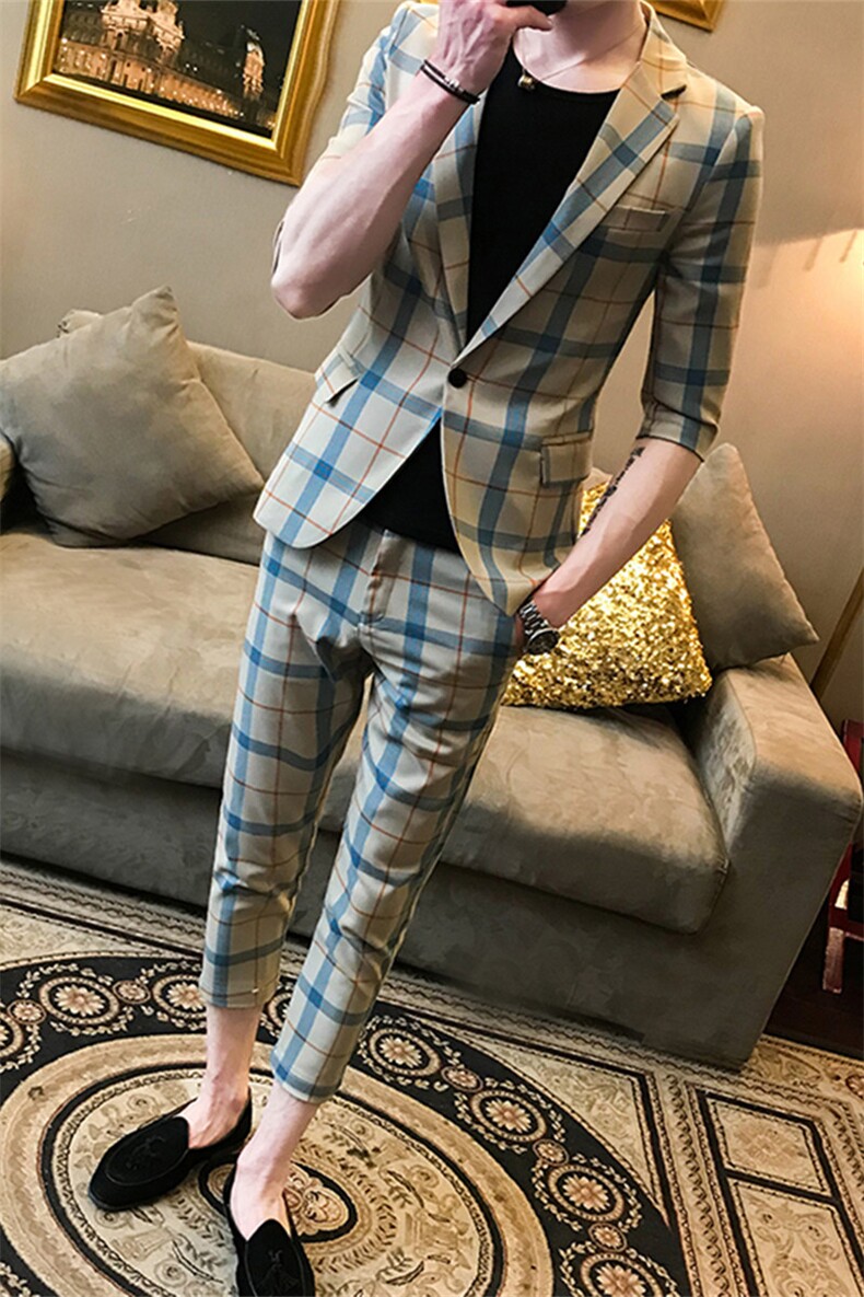 夏季新款社会小伙大格子中袖小西服西裤西装套装A328-1922-P135,男装西服套装,星座406