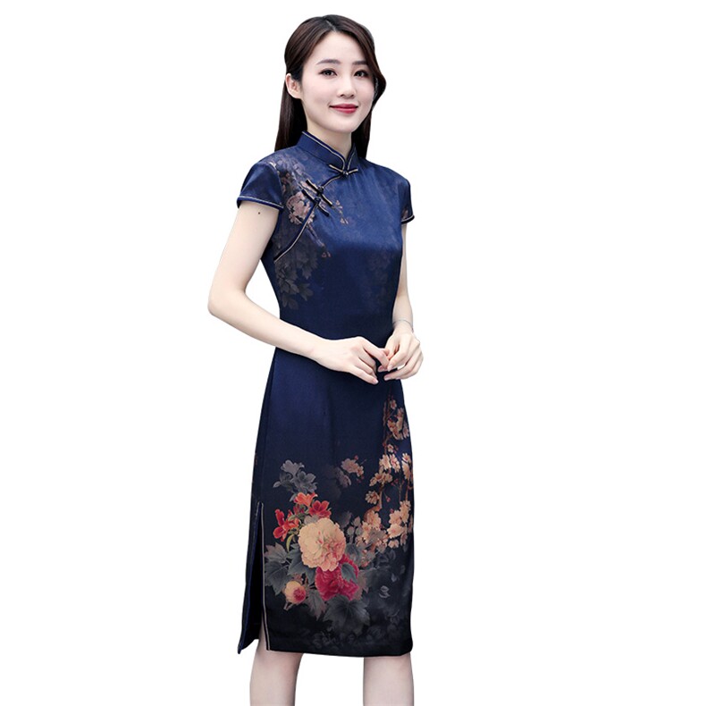 专柜精品重磅真丝弹力缎高奢时尚修身中长款婚庆双层晚礼服旗袍,女装汉服/婚纱/旗袍/礼服,媚琳依坊
