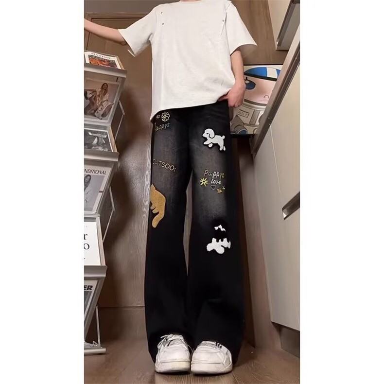 美式高街涂鸦小狗刺绣牛仔裤男青少年时尚百搭水洗设计感直筒长裤,男装牛仔裤,星座506A