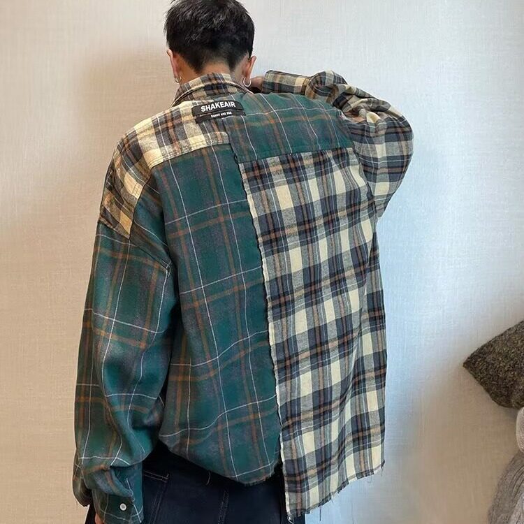 青少年小众格子衬衫男士春秋2025新款宽松休闲男生长袖衬衣外套,男装衬衫,星座1210-1