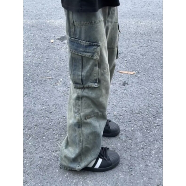 水洗多口袋工装微喇牛仔裤男款春秋直筒宽松阔腿长裤子AM322P55,男装牛仔裤,星座1013-5