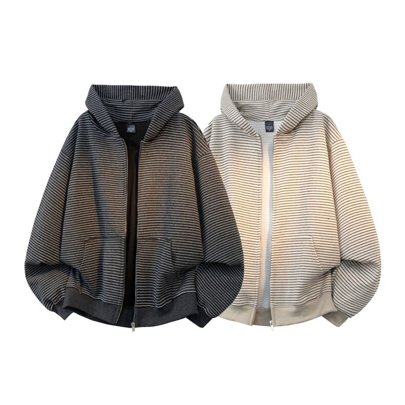 【高质量】美式复古条纹开衫连帽卫衣宽松情侣休闲外套TB05-P82，女装短外套，电商B245