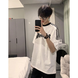 夏季美式高街重磅纯棉三条杠织带撞色男女短袖T恤ZD634-特P30图片