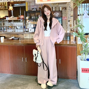 超火韩系粉色连帽运动卫衣套装女春季2025新款学院风休闲裤两件套图片