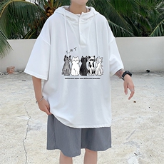 LD54100-P45连帽短袖t恤男大码胖子带帽五分袖中袖，男装T恤，电商A040