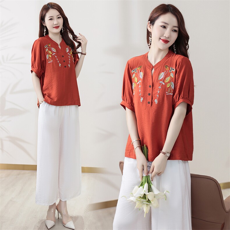 现货2026夏季新品套装刺绣时尚气质小立领衬衫松紧腰休闲两件套，女装套装/套裙，尚洛菲