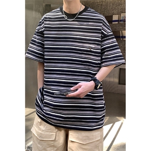 1港风条纹短袖T恤大码M-5XL立体口袋设计短袖T恤男DT8768P40控59图片