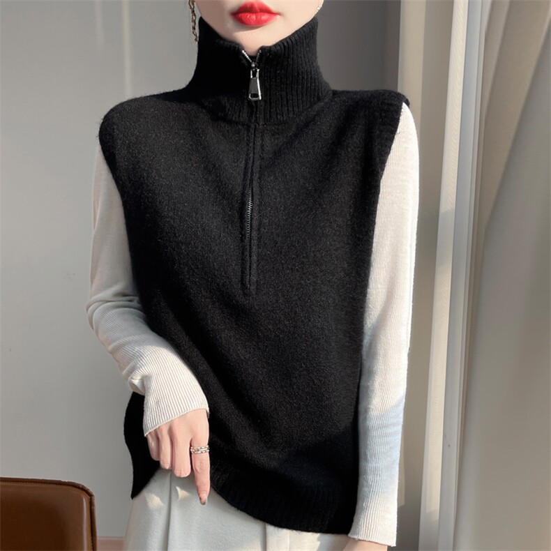 时尚拉链高领针织羊毛马甲女款2025春季新款宽松外搭纯色毛衣背心,女装马甲,源达羊绒