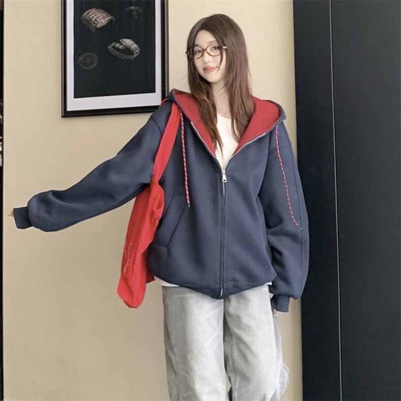 抖音得物二开美式高街重磅结构双层撞色连帽卫衣开衫外套W116,男装卫衣,电商A486