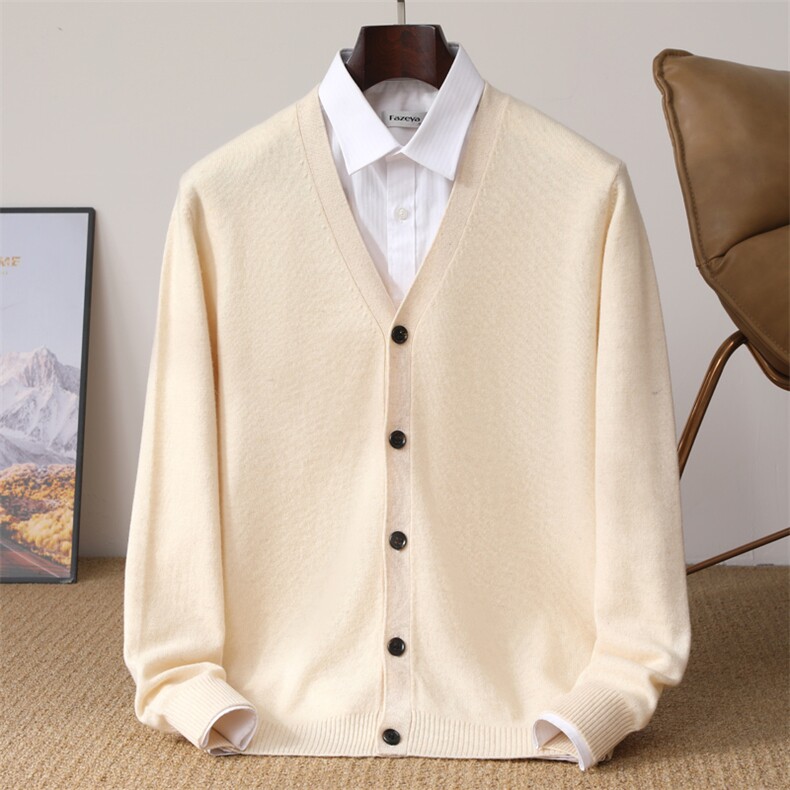 秋冬新款纯色v领针织单排扣开衫时尚百搭，男装针织衫/毛衣，冬季工坊