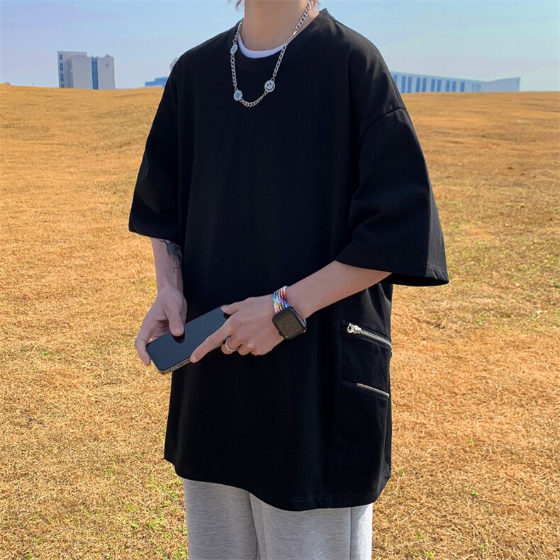 wassuphappy金属拉链短袖t恤男夏季薄款潮流美式五分袖休闲半袖,男装T恤,星座109-1